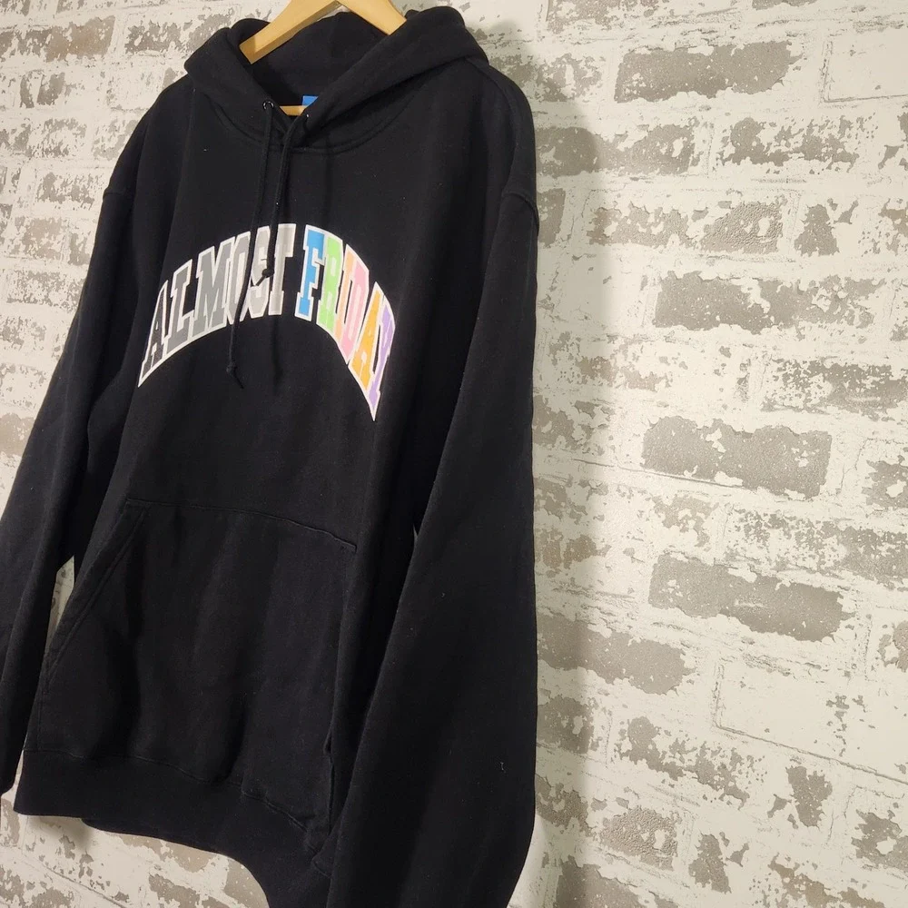 Friday Beers Almost Friday‎ Hoodie Men's XL Black Colorful Graphic Sweatshirt